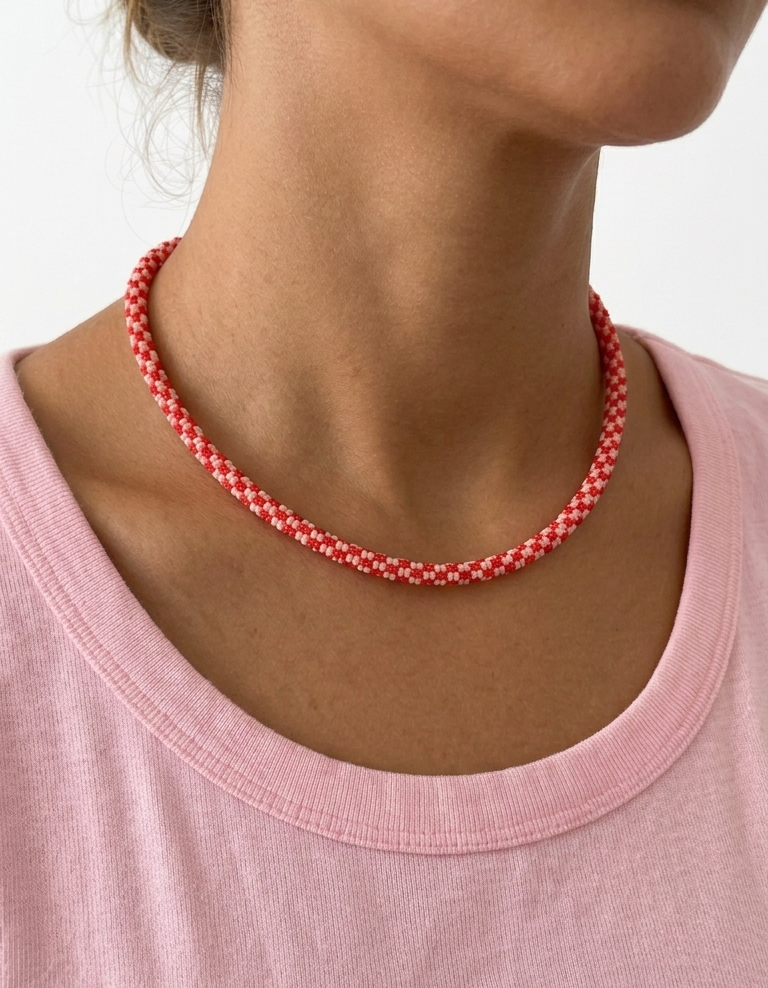 Collar caramelo rojo y rosa
